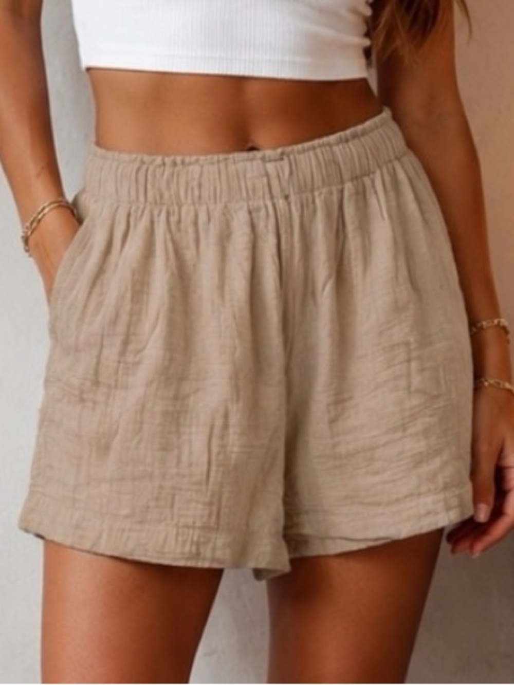 GAP Crinkle Gauze High Rise Pull-On Shorts Tan Beige XS